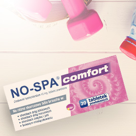 Opakowanie No-Spa Comfort lezace pomiedzy innymi przedmiotami